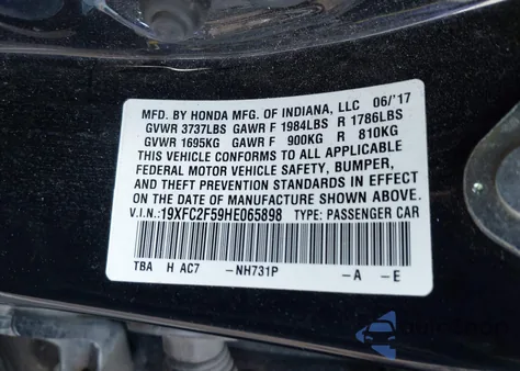 2017 Honda Civic Lx z USA, uszkodzony, nr VIN 19XFC2F59HE065898